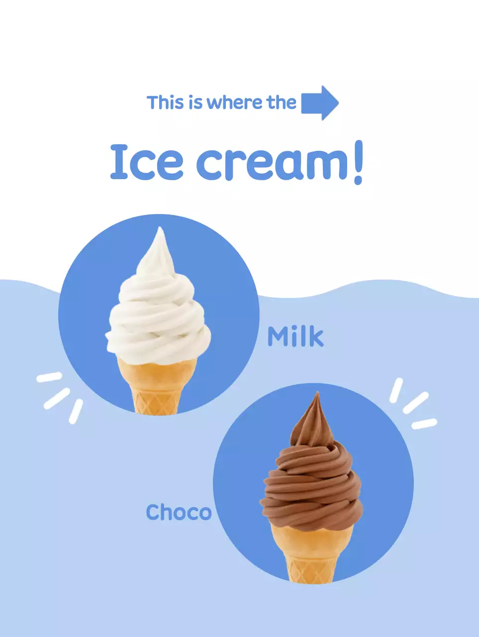 Mempromosikan menu yang terlihat bersih dan imut dengan es krim putih dengan latar belakang biru muda