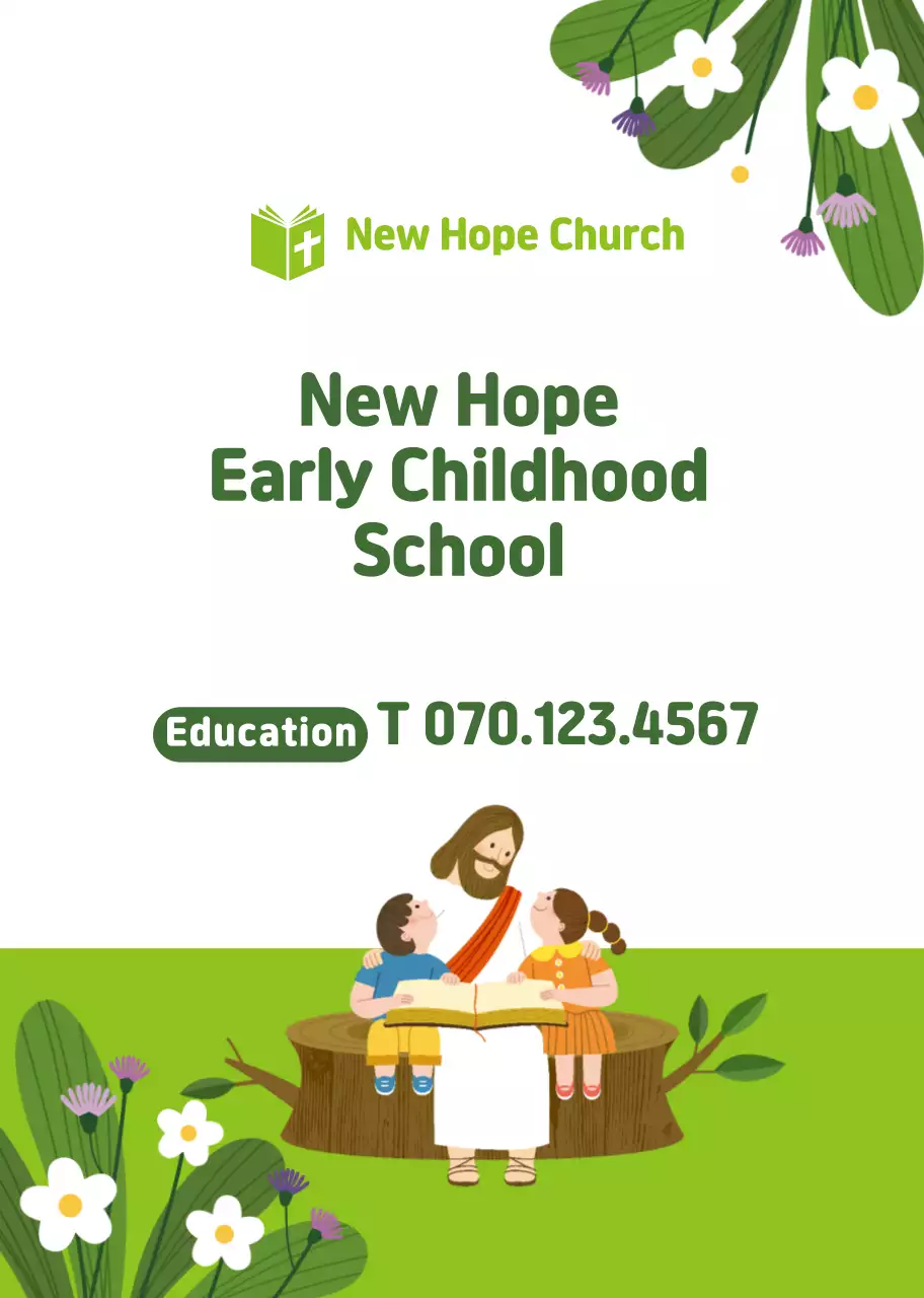 Ilustrasi karakter hijau promosi sekolah bayi gereja