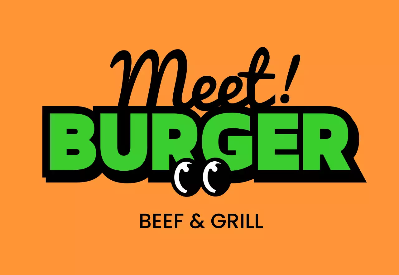 Biển hiệu cửa hàng độc đáo với dòng chữ Meat Burger đầy màu sắc và nhân vật hamburger dễ thương.