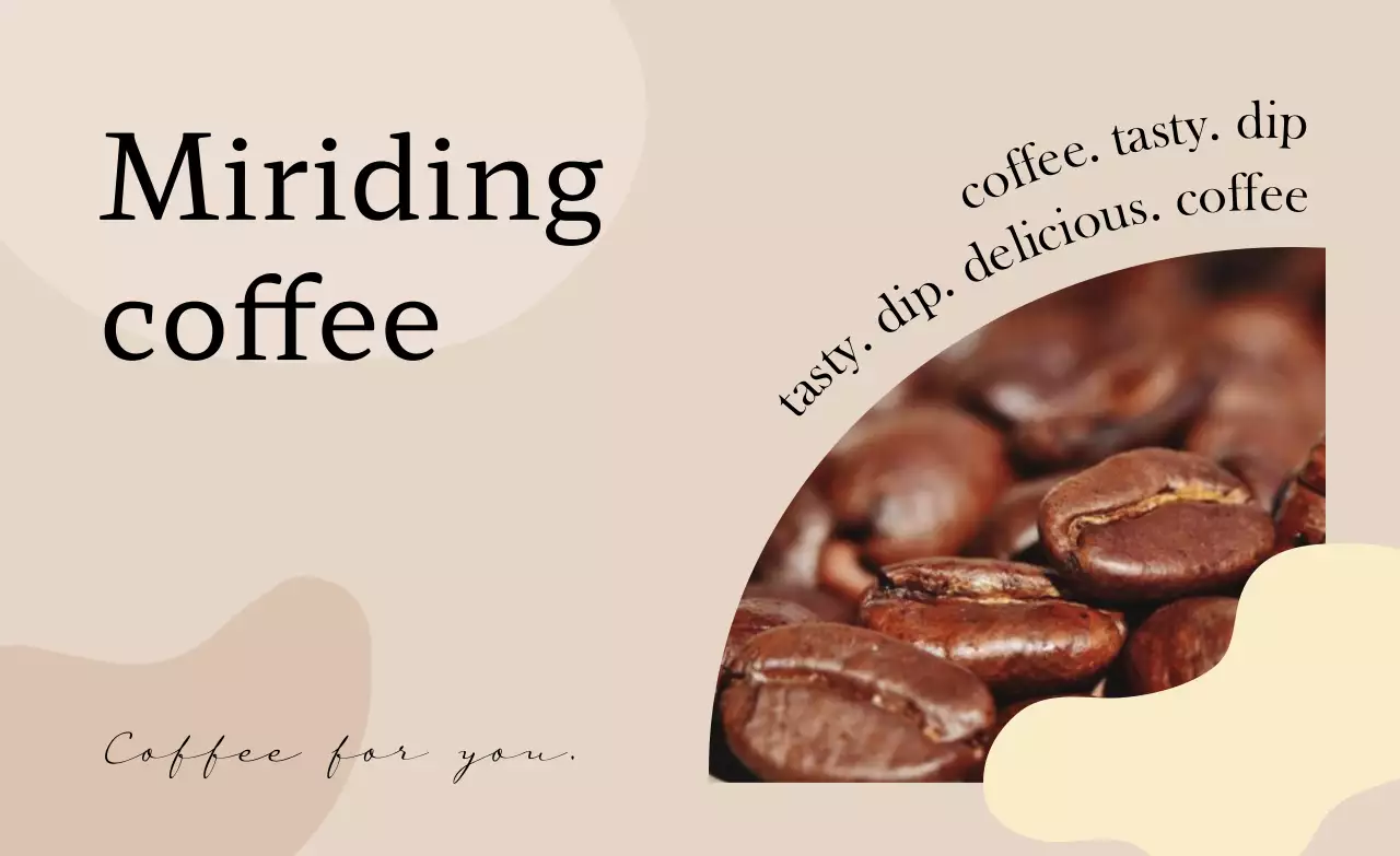 Promote a cafe with brown text and a photo illustration of coffee beans.