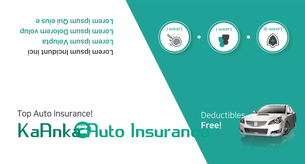 Promote auto insurance with turquoise and white car photos and pictograms.