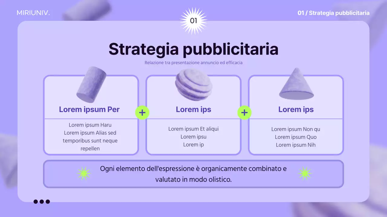 Utilizzare elementi 3D su uno sfondo color malva per creare un senso di spazio e informare la strategia pubblicitaria.