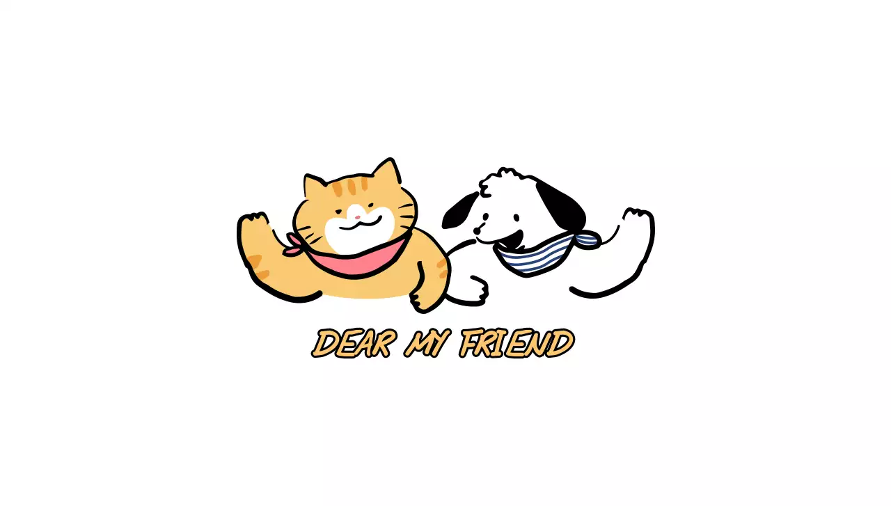 Design with line illustrations of cute cats and dogs saying hello in different colors