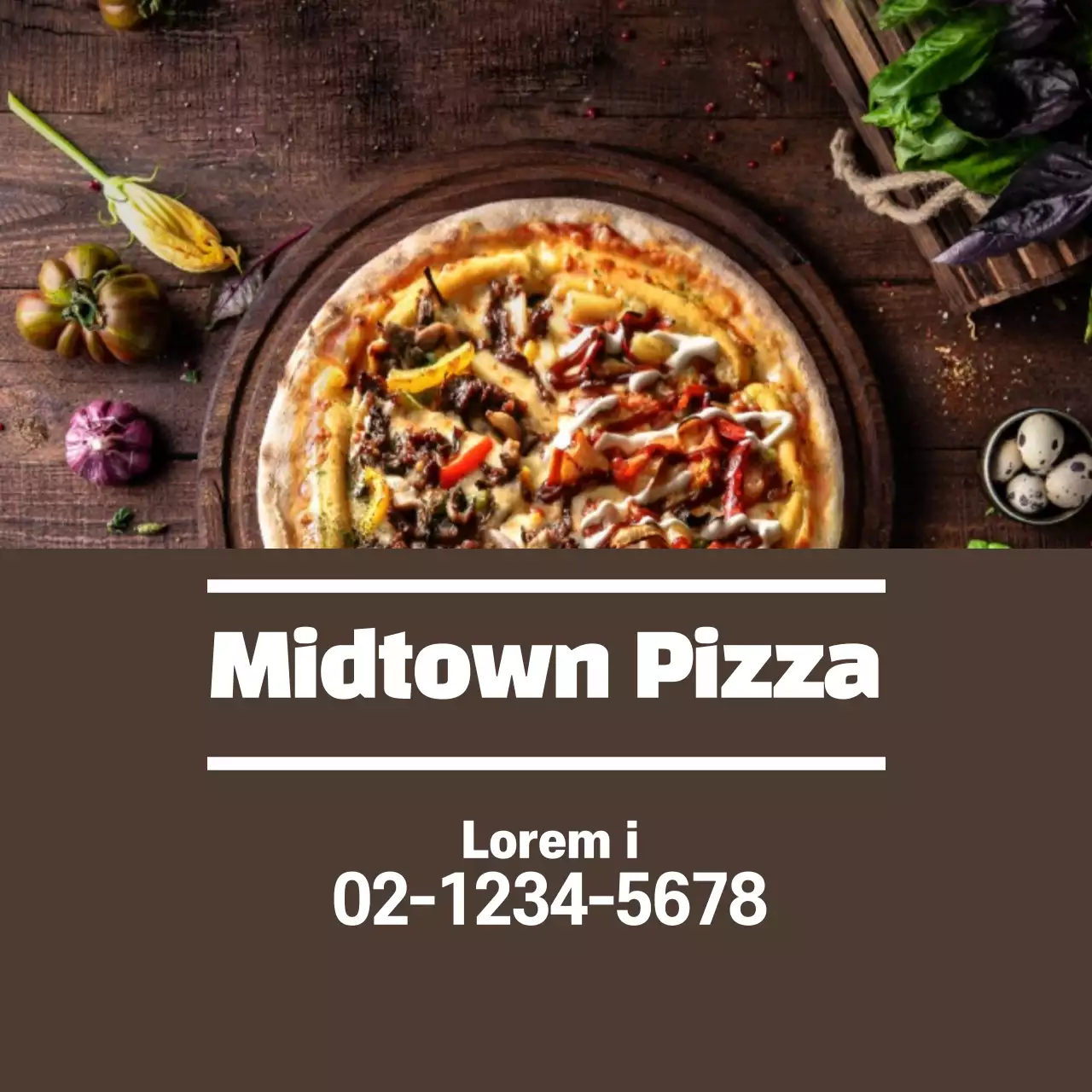 Label pizza yang rapi dengan aksen foto berwarna cokelat