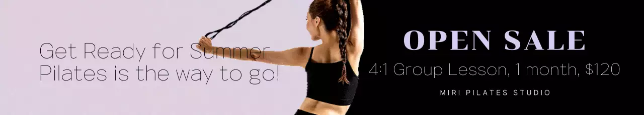 Diskon kelas Pilates berbasis pesan dengan gambar wanita berbaju ungu muda