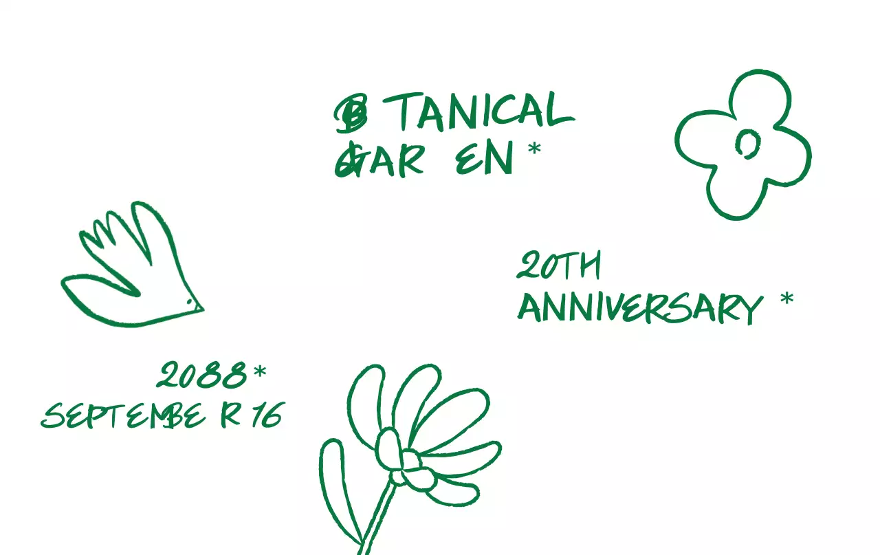 Uma celebração simples num jardim botânico, verde e desenhada à mão