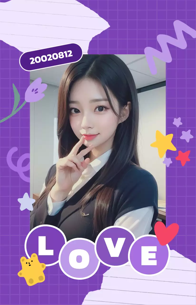 Kartu foto idola yang lucu dengan latar belakang ungu