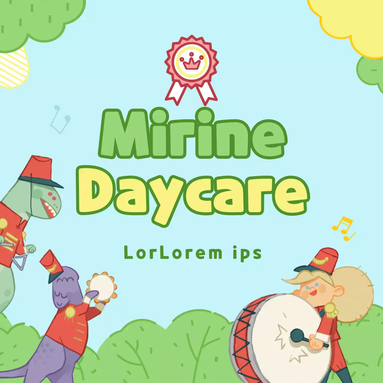 A daycare center with cute illustrations in light blue and chartreuse.