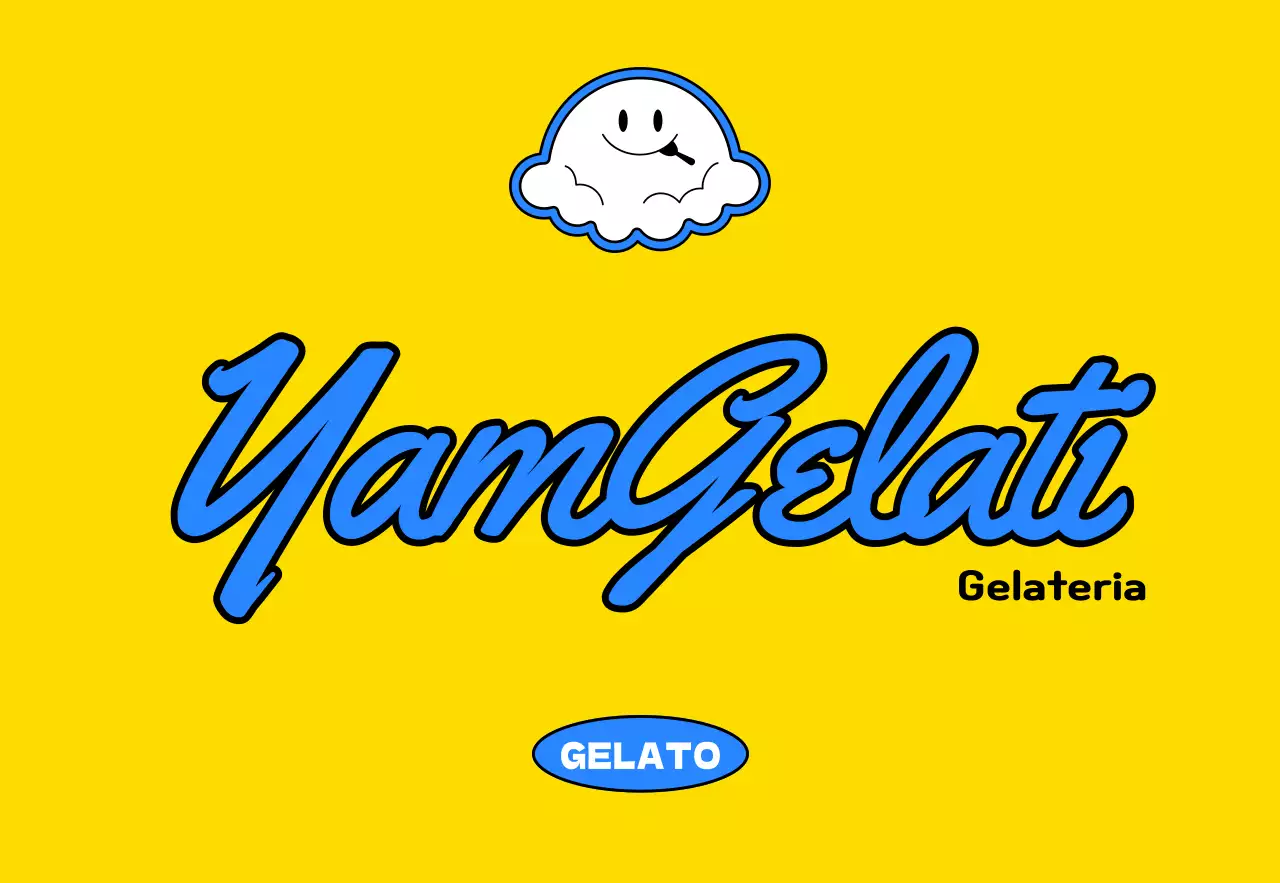 Promote a cute concept gelato shop with yellow and blue ice cream character illustrations.