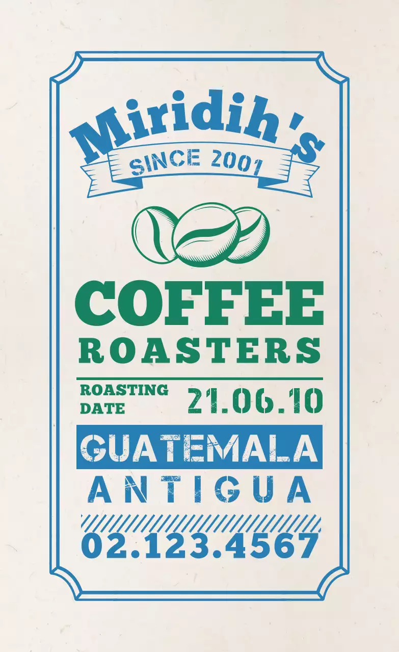Coffee bean labels with a blue typography design