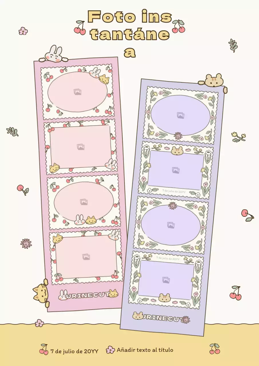 Marco de fotos de cuatro esquinas con simpáticas ilustraciones en beige, rosa y malva