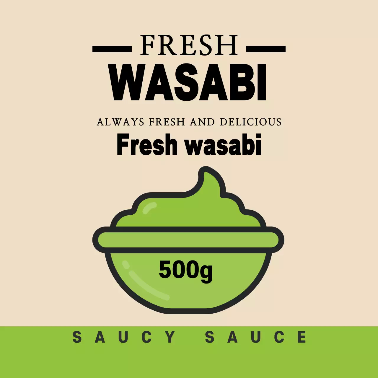 Ilustração bege verde de um rótulo bonito de molho wasabi umshik