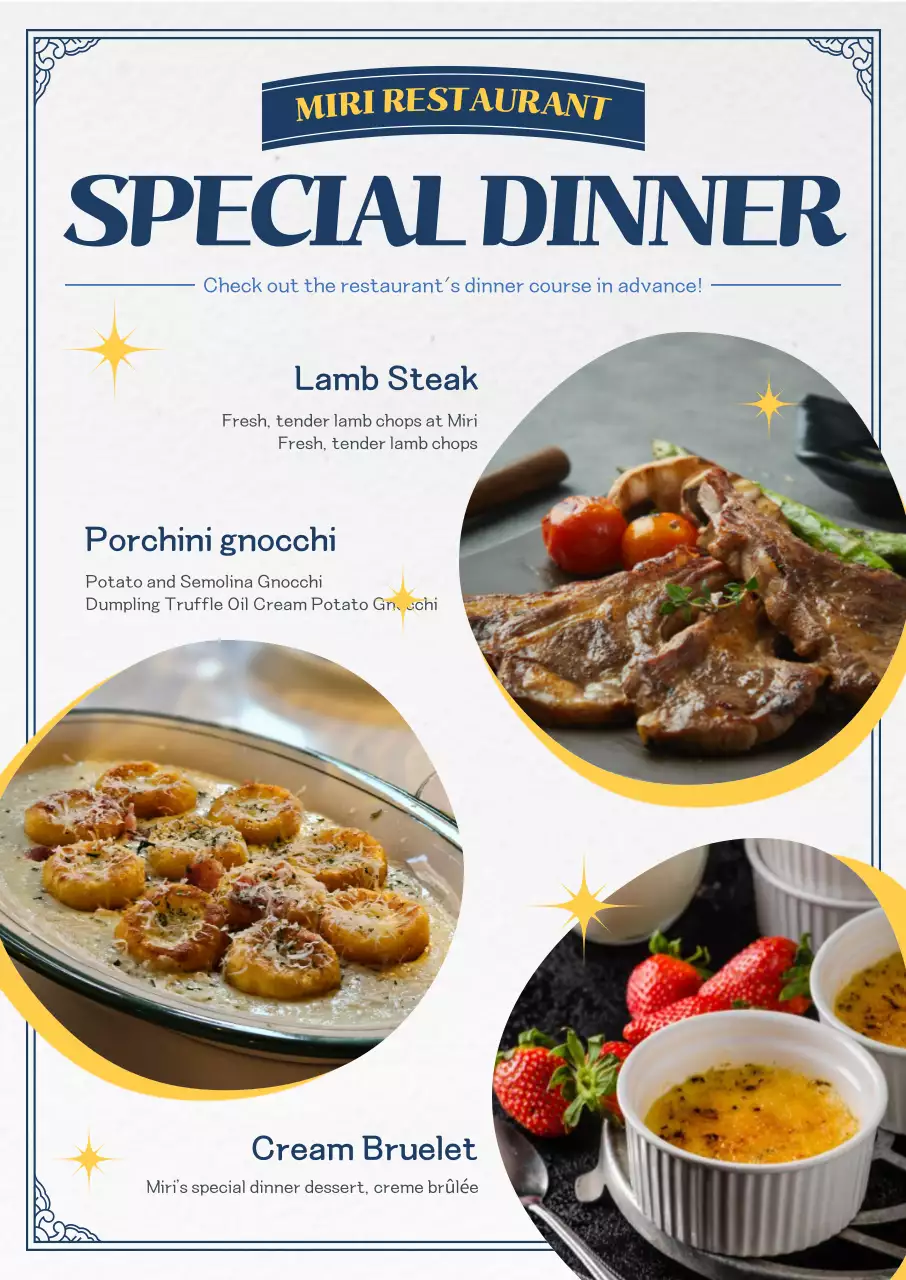 Special dinner course menus with classy, trendy graphics and stylized menu photography.