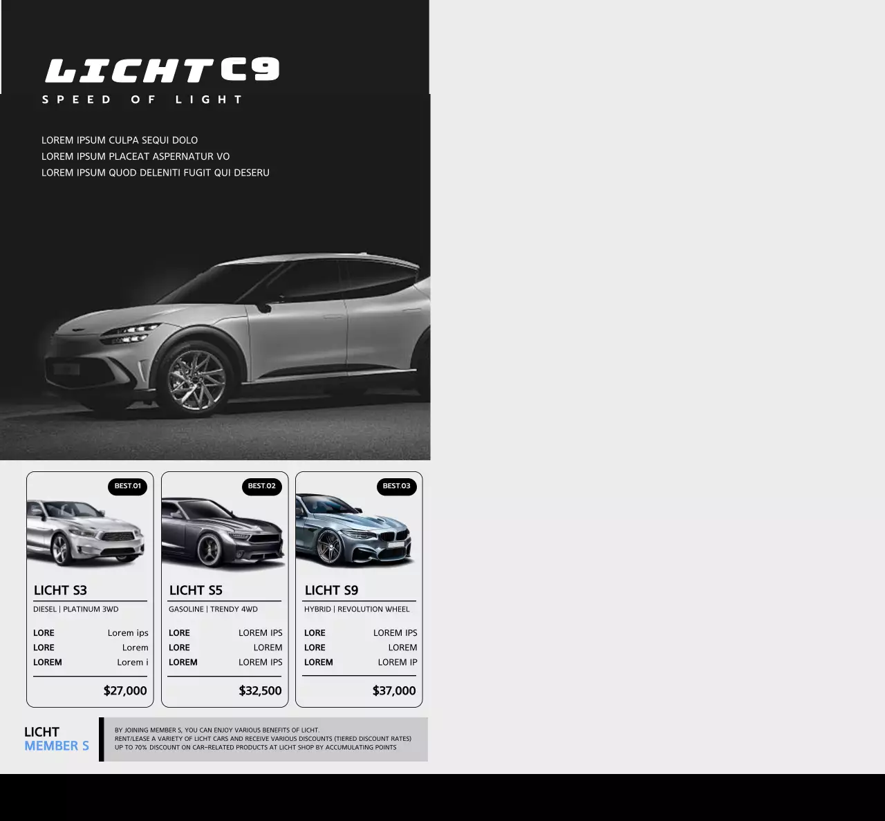 Untuk promosi mobil dealer mobil dengan foto mobil dalam desain yang sederhana dan ramping berwarna hitam.