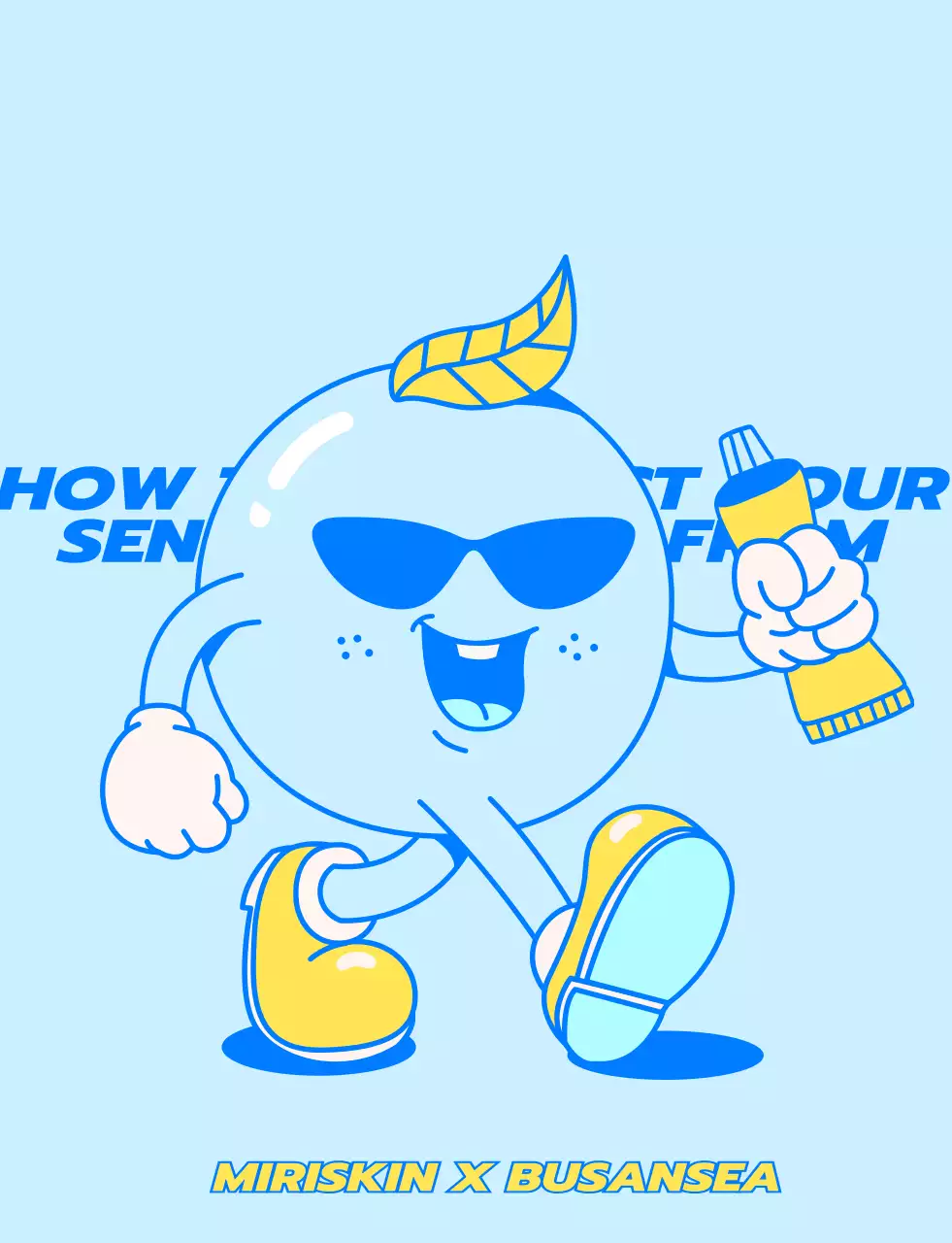 Design for cosmetics company pop-up store staff with blue and yellow walking characters