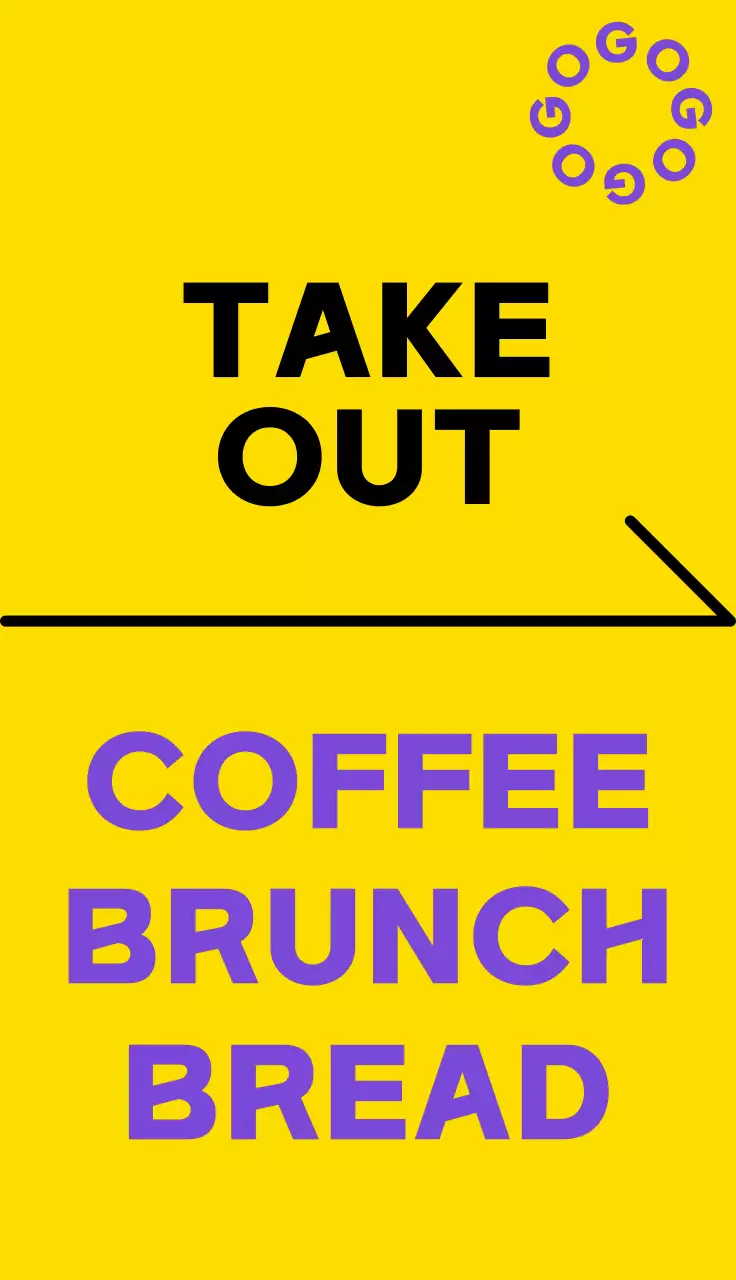 Papan nama sederhana untuk sebuah kafe dengan teks dan bentuk berwarna kuning, hitam dan ungu untuk kafe kopi go-go.