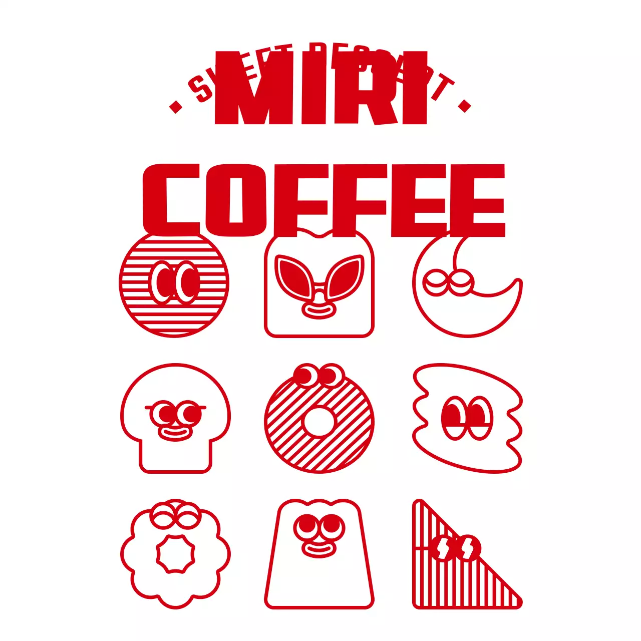 Ilustrasi makanan penutup yang bersih dan imut berwarna merah, dipadukan dengan frasa teks bergaya kafe