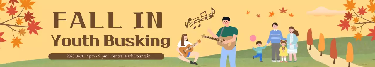 Busking banner with illustration of people enjoying music against a fall maple tree background