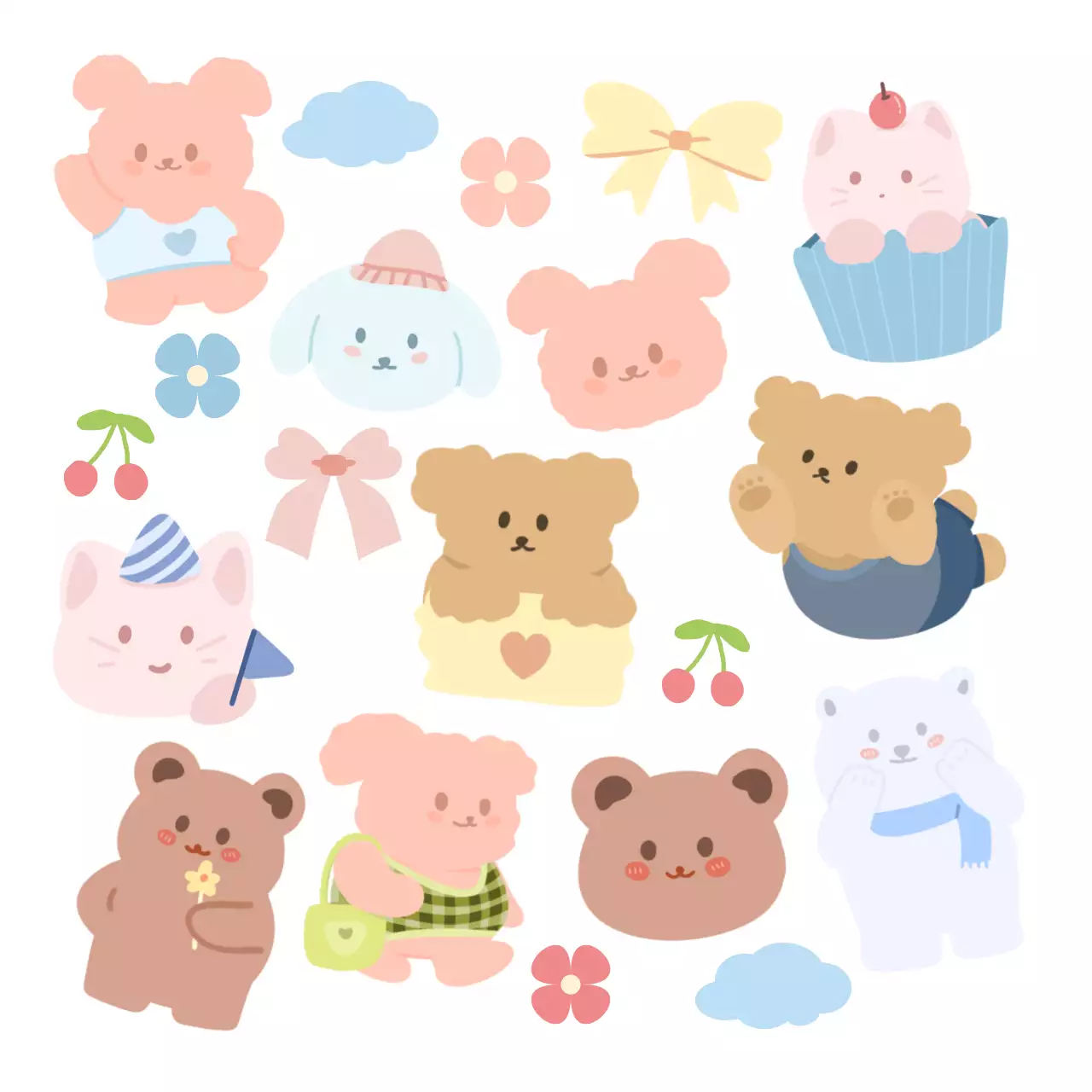 Karakter hewan yang lucu dalam berbagai pose dengan warna-warna pastel