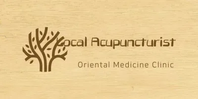 A classy-looking sign for a Korean medicine clinic with brown text and a tree line illustration.