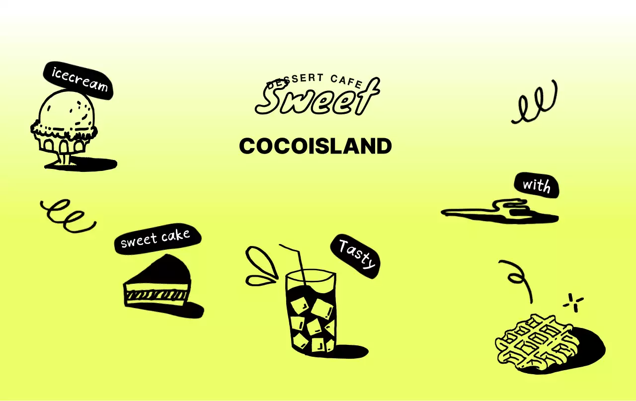 Um bonito café de doces com desenhos pintados à mão e de cor chartreuse