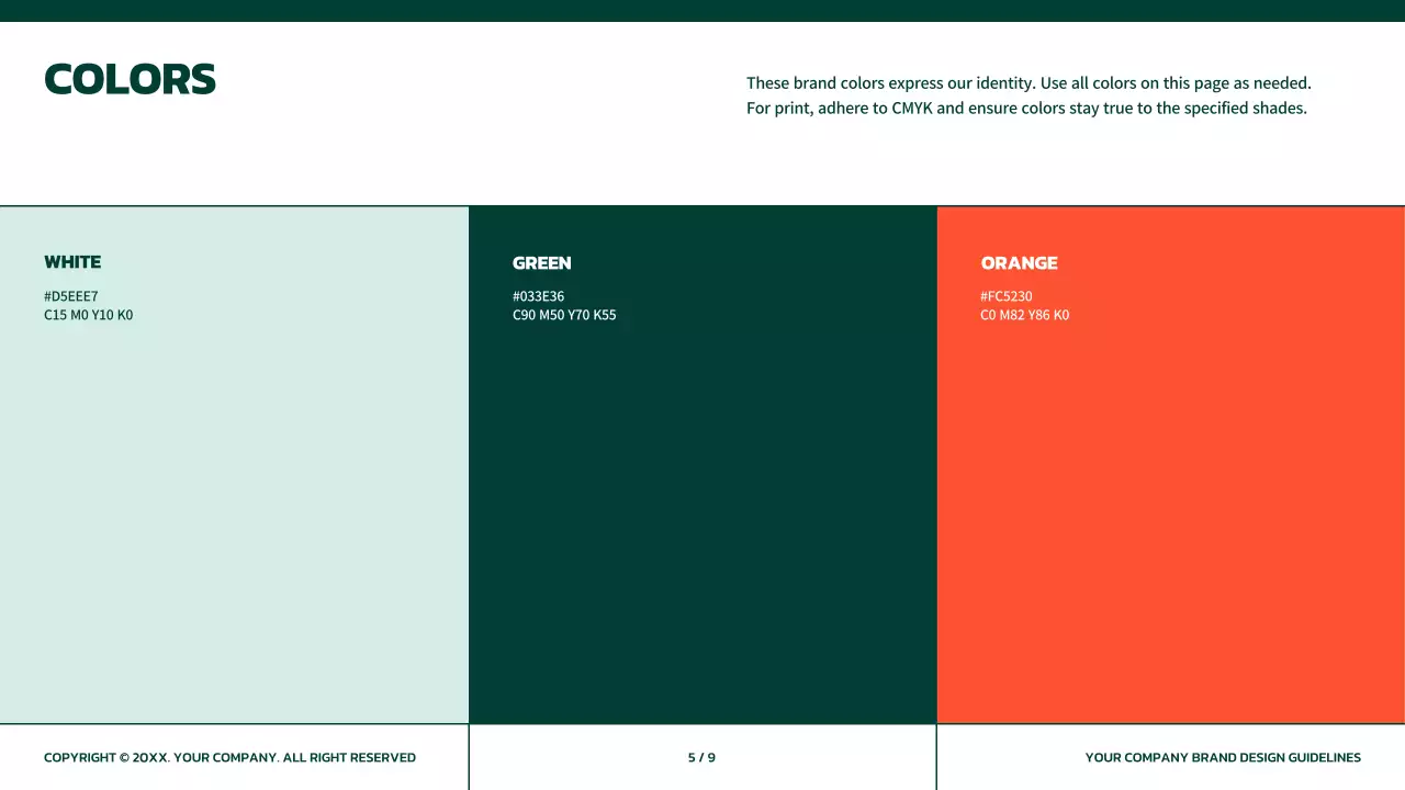 Simple brand guidelines in green with orange accents