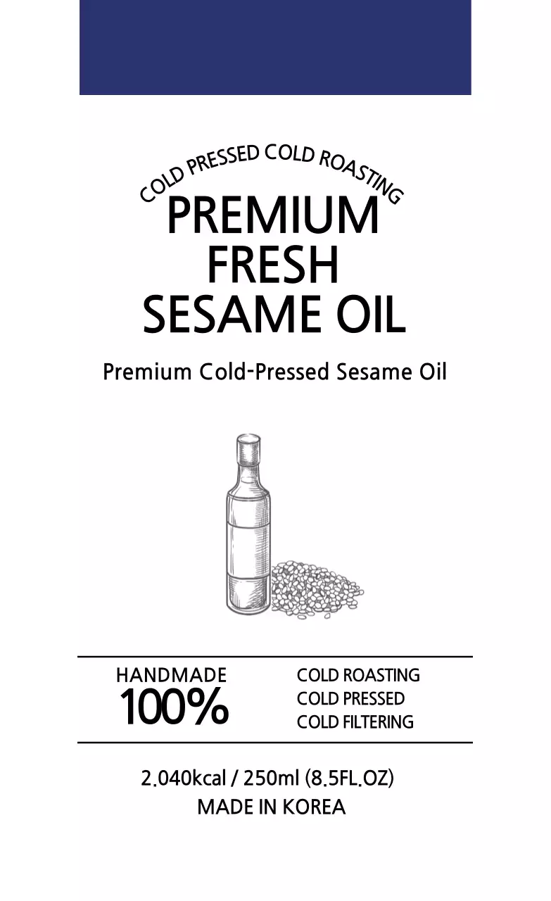 Nhãn thông tin thực phẩm dầu mè đơn giản màu trắng xanh nước biển