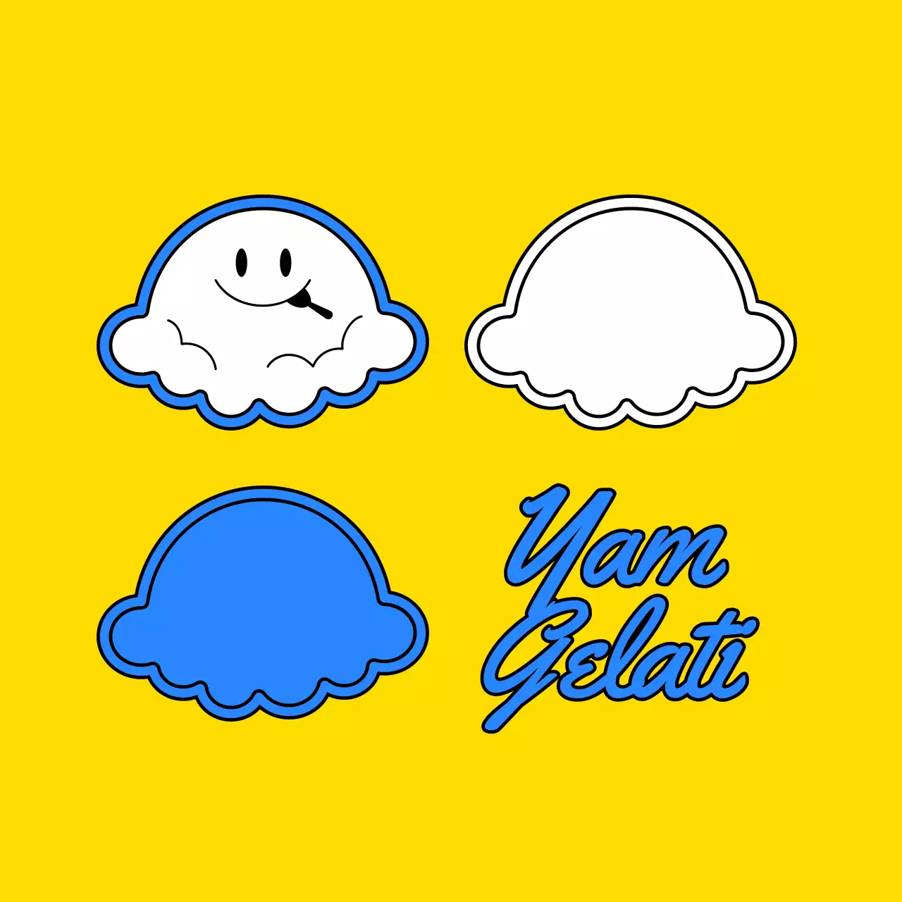 Promote a cute concept gelato shop with yellow and blue ice cream character illustrations.