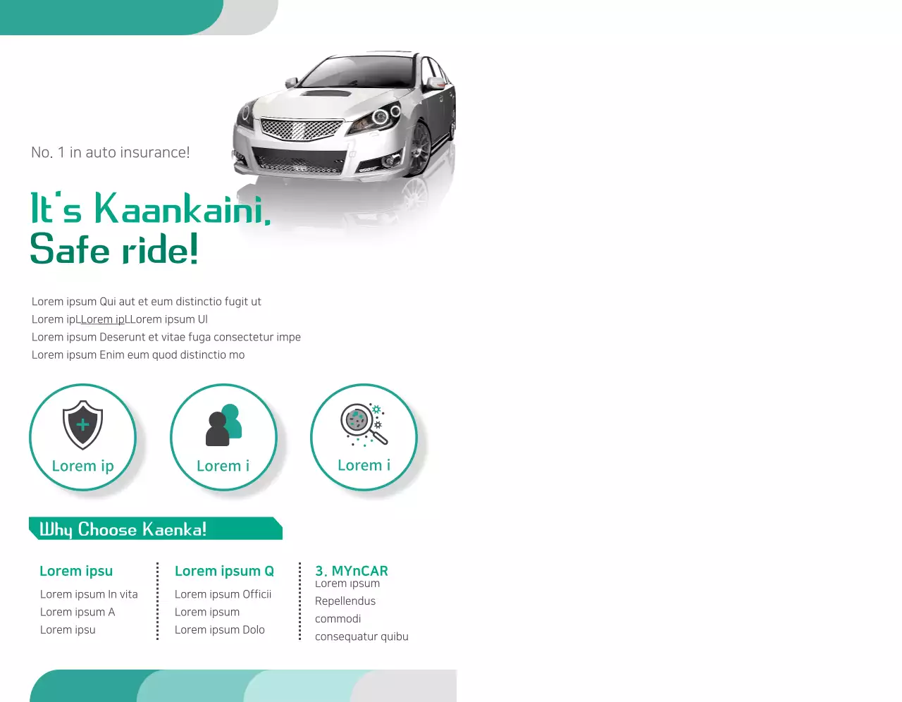 Mempromosikan asuransi mobil dengan foto dan piktogram mobil berwarna biru kehijauan dan putih.