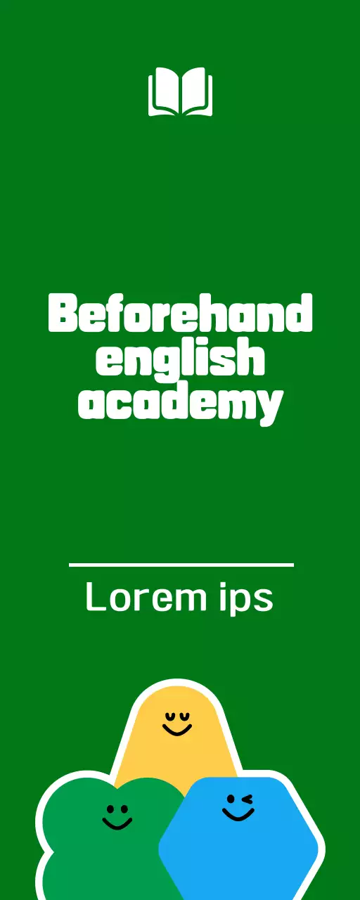 For promoting an elementary school English language school with cute green and yellow shaped character illustrations.