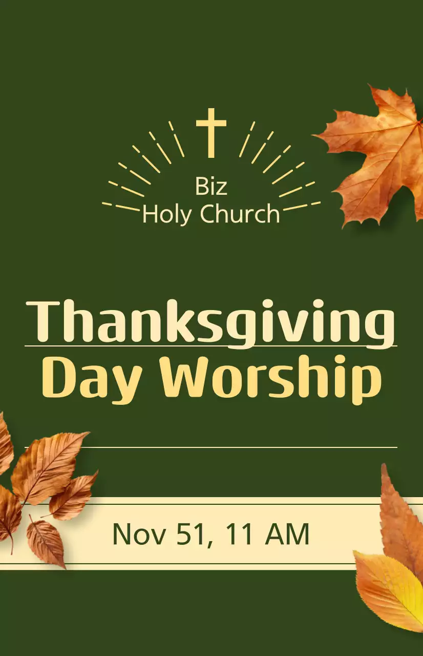 Promoção de um serviço religioso de outono com texto relacionado com a Ação de Graças e uma ilustração fotográfica de folhas a cair.