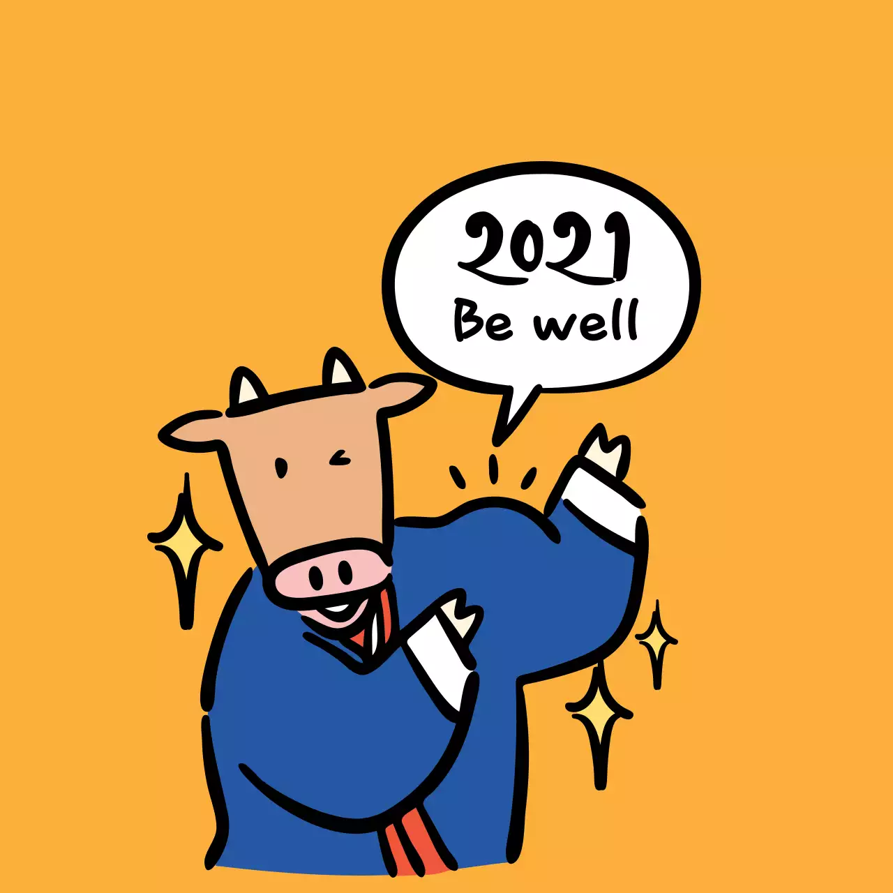 Cute New Year's greeting label with orange illustration