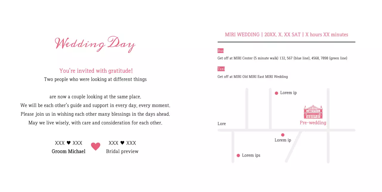 Simple wedding invitation with pink tulips on a white background