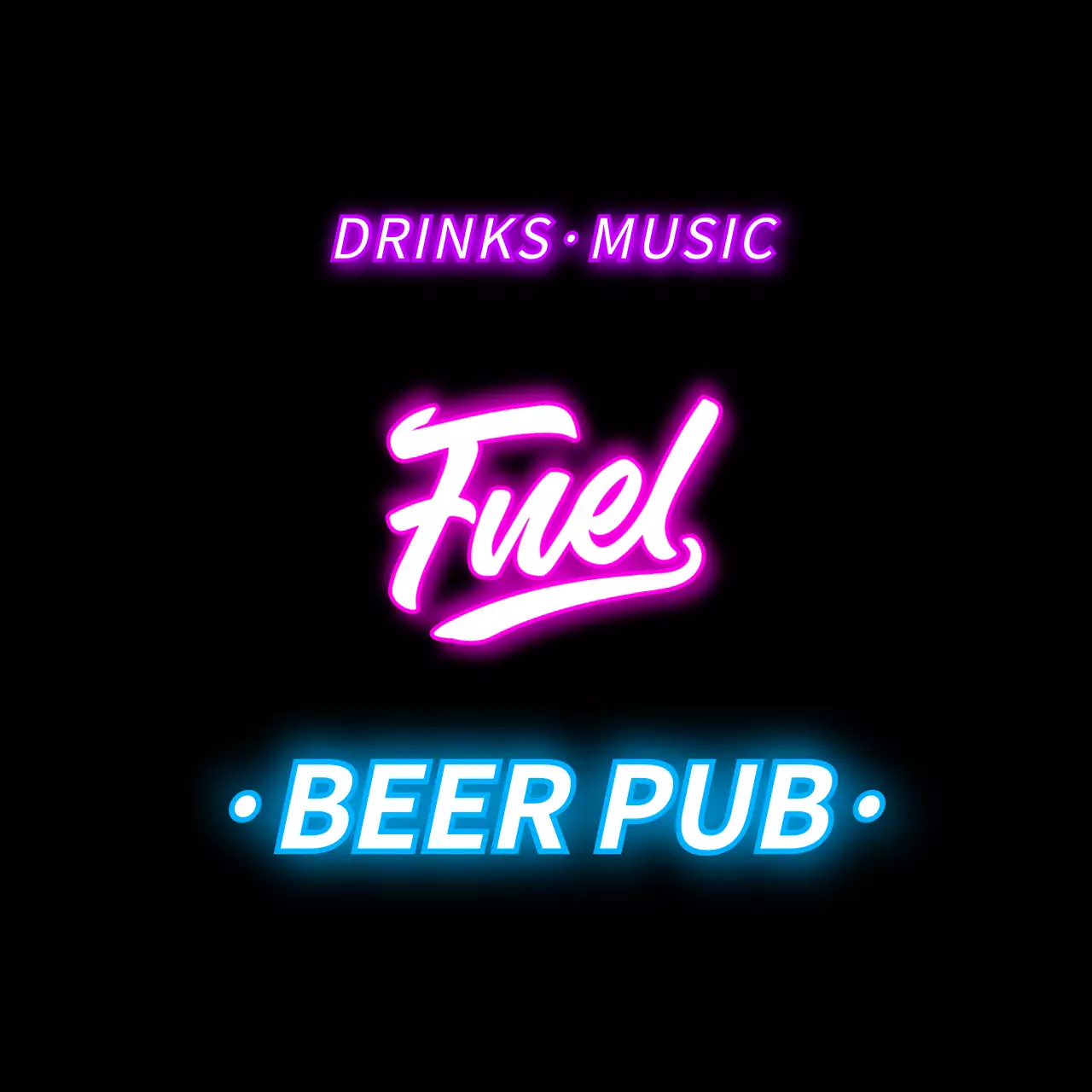 Papan nama etalase yang diterangi lampu neon dengan teks dan ilustrasi terkait brewpub dalam berbagai warna