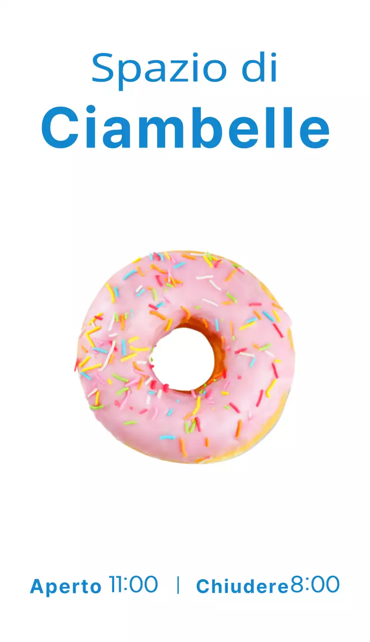 Un cartellone semplice e colorato con testo e foto su un evento di vendita di ciambelle.