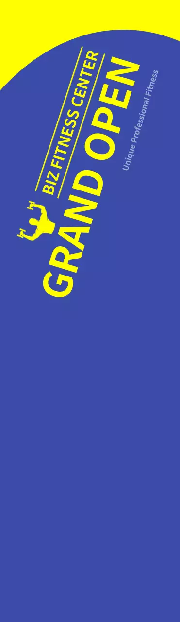 Spanduk promosi untuk pembukaan gym dengan latar belakang biru