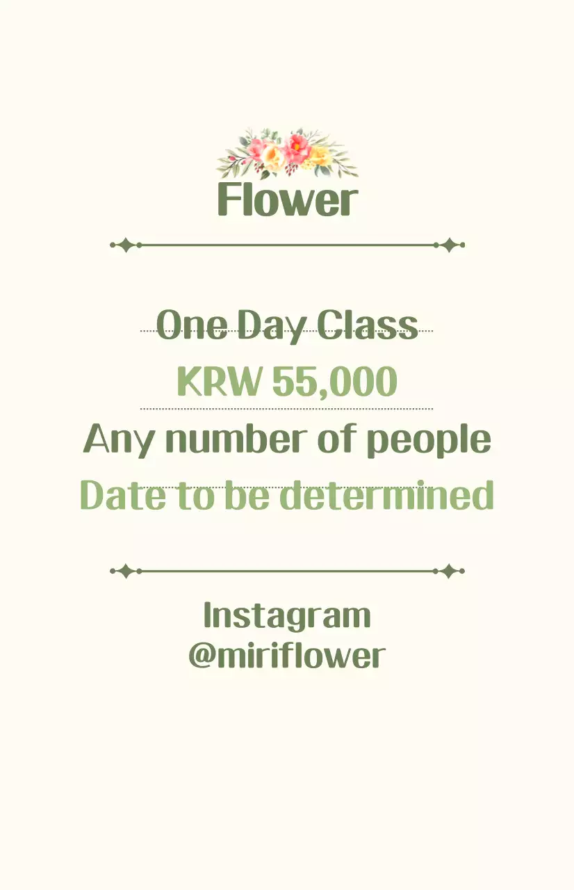 Promover uma aula de um dia com texto em verde e marfim e ilustrações florais