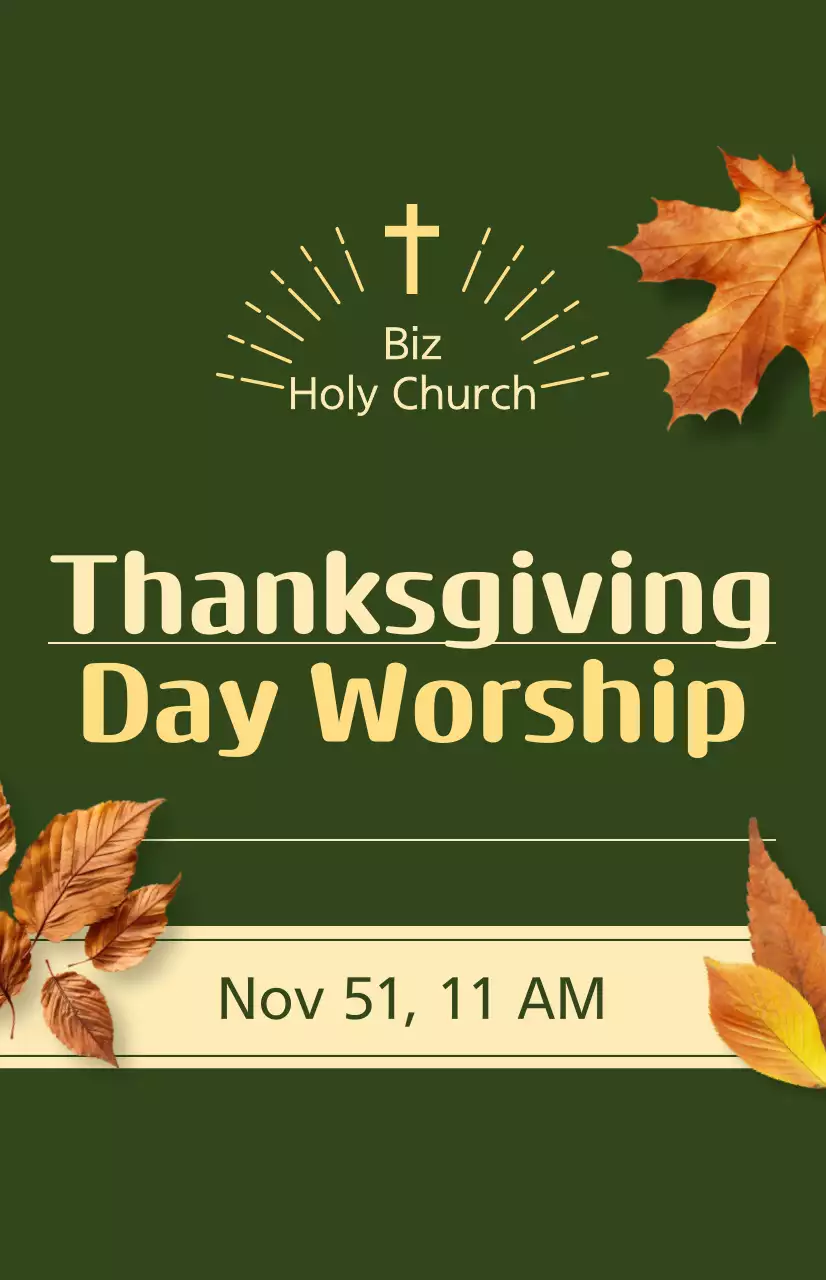 Promoção de um serviço religioso de outono com texto relacionado com a Ação de Graças e uma ilustração fotográfica de folhas a cair.