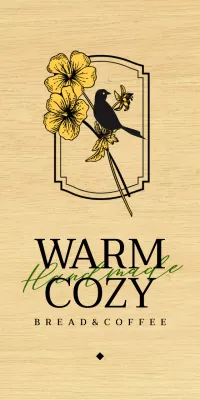 Emotional bakery cafe design with black and yellow flower and bird illustrations