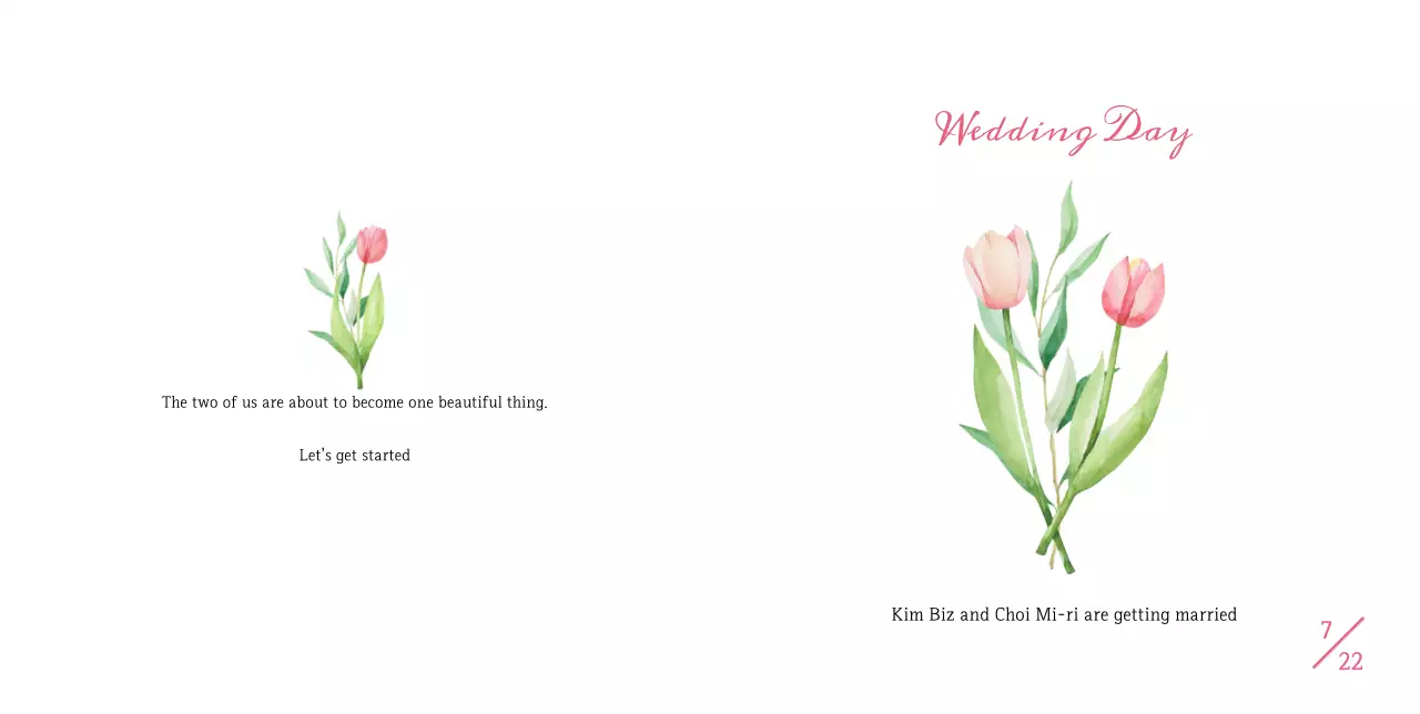 Simple wedding invitation with pink tulips on a white background
