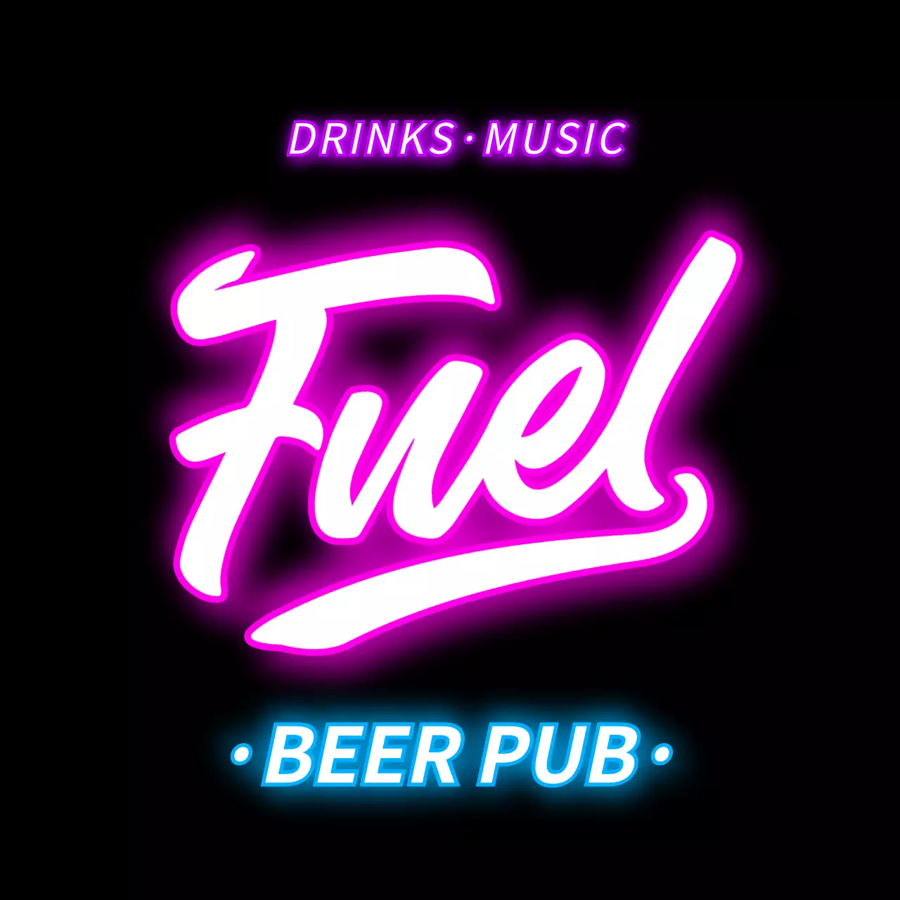 Neon-like storefront signage with brewpub-related text and illustrations in pops of color