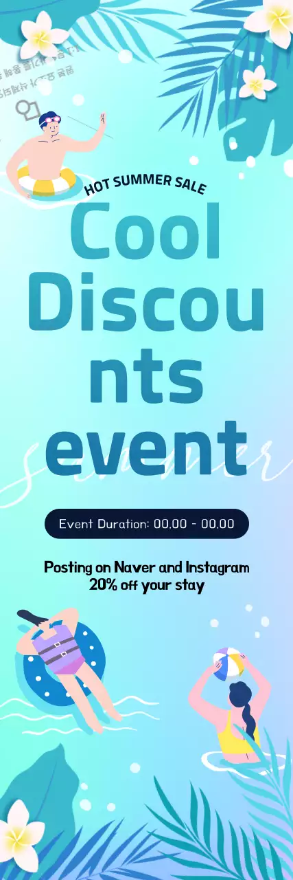 A summer vacation lodging event with a fresh gradient ocean background, accented with palm trees and swimming illustrations.