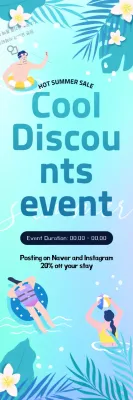 A summer vacation lodging event with a fresh gradient ocean background, accented with palm trees and swimming illustrations.