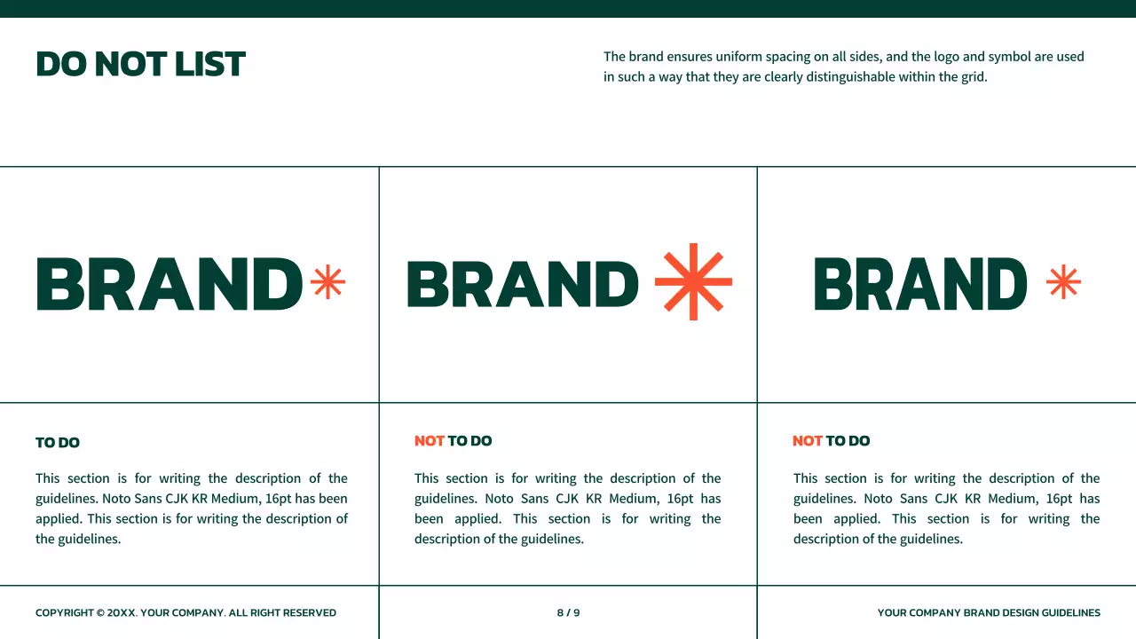 Simple brand guidelines in green with orange accents