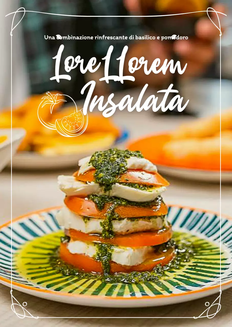 Il menu presenta foto colorate di insalate in un'elegante cornice bianca.