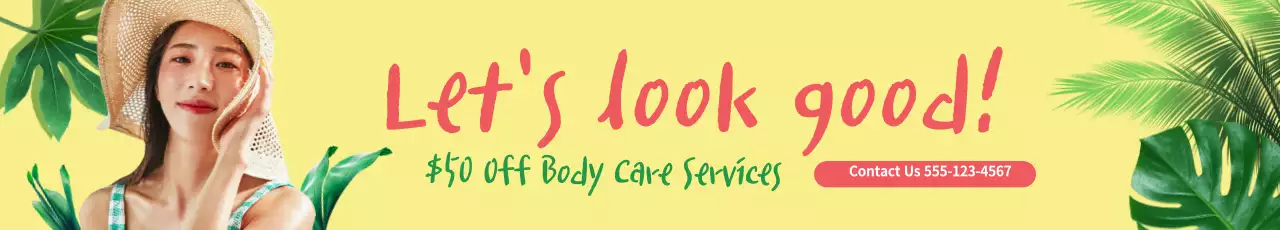 Banner de promoção de cuidados corporais tropicais amarelos