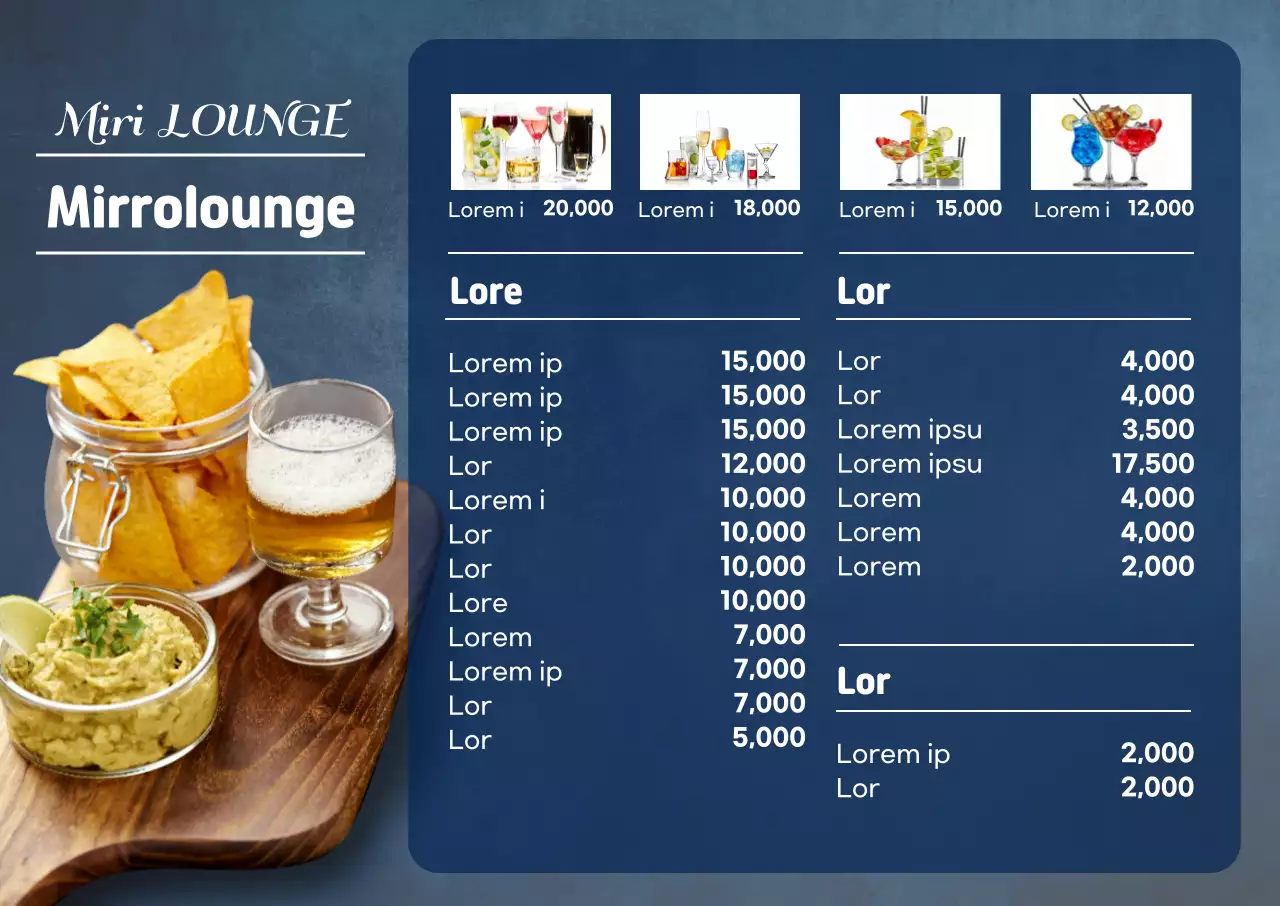 The menu at Hofhaus Lounge, pictured in blue.