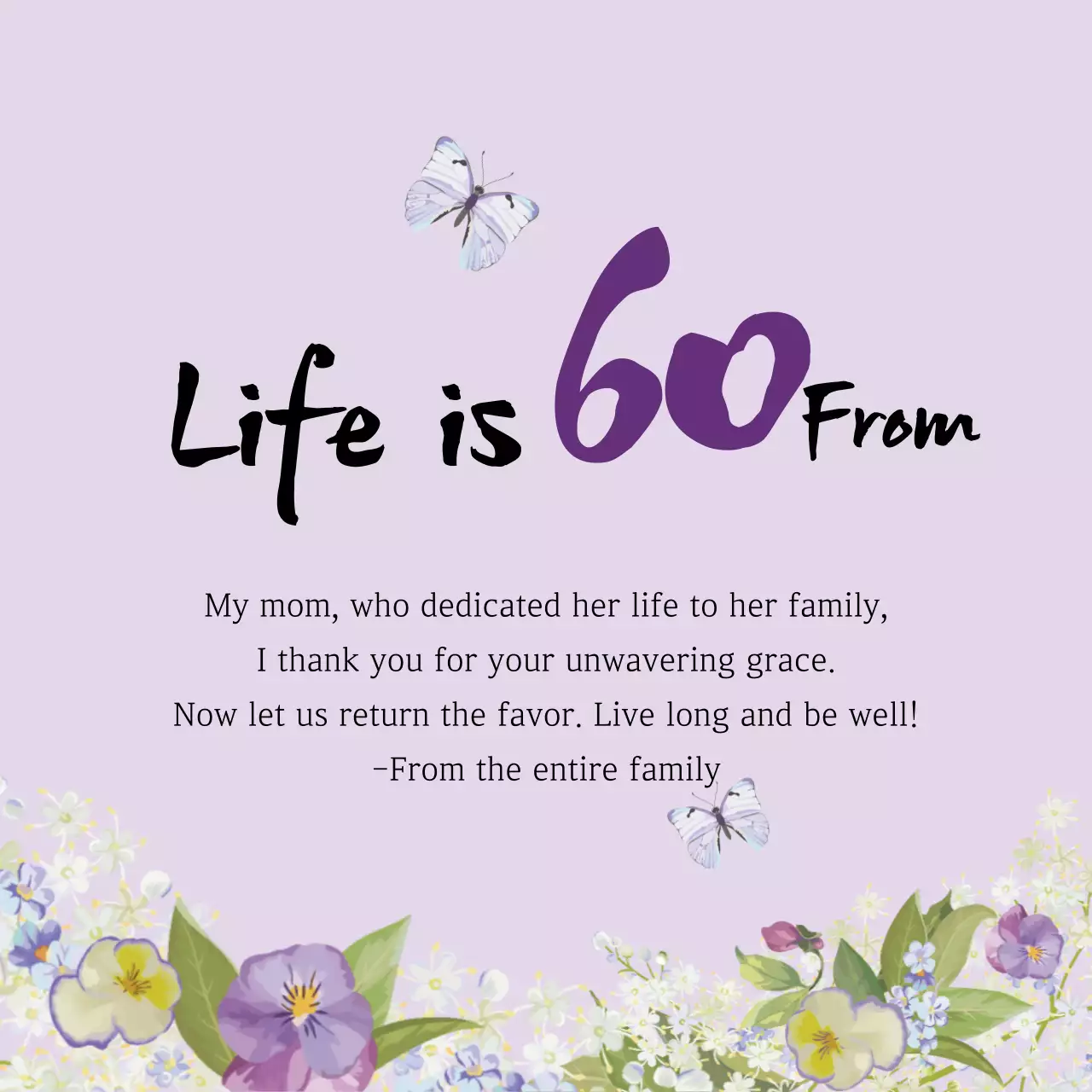 Purple illustrated lettering highlights an oriental welcome home feast