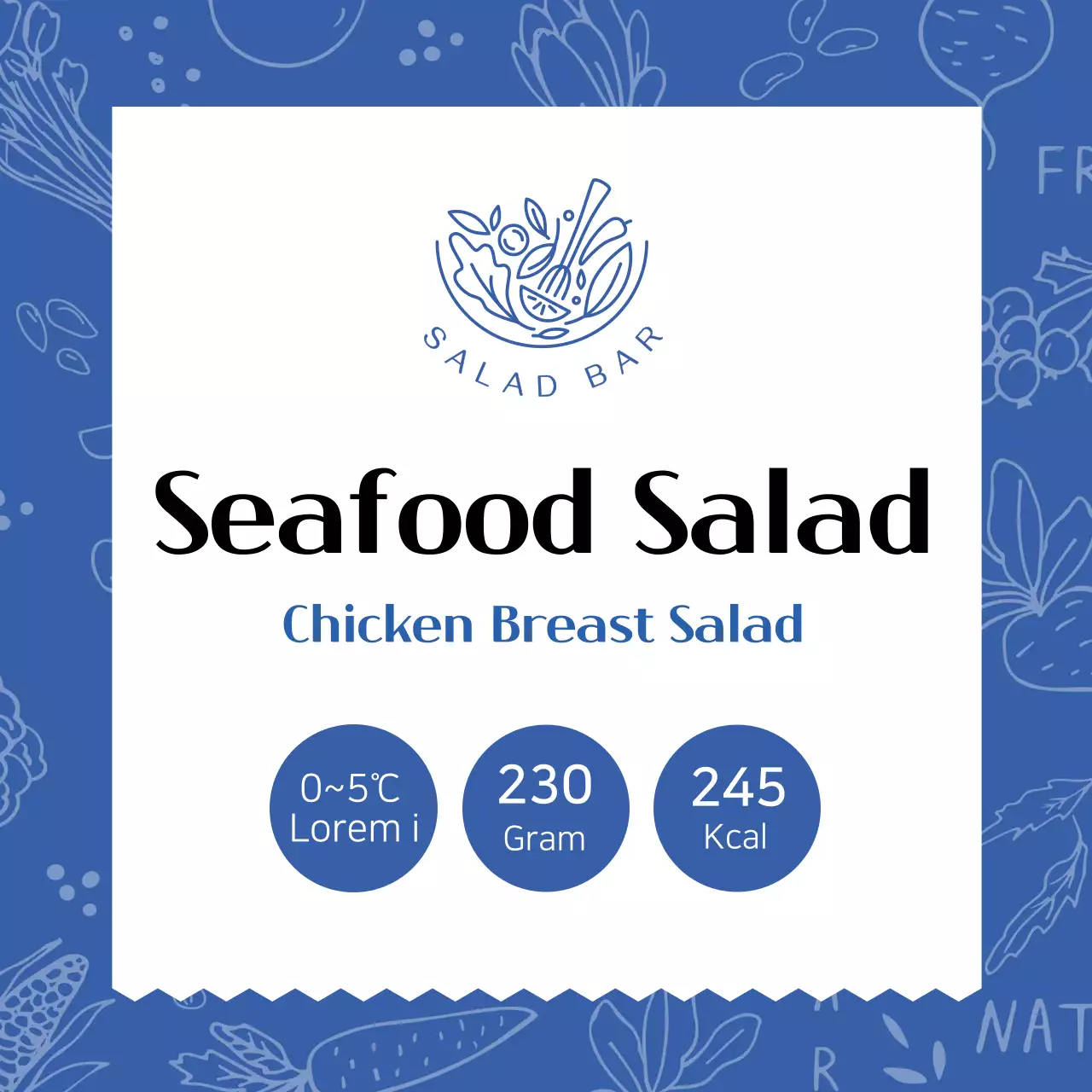 Label salad makanan laut bermotif biru