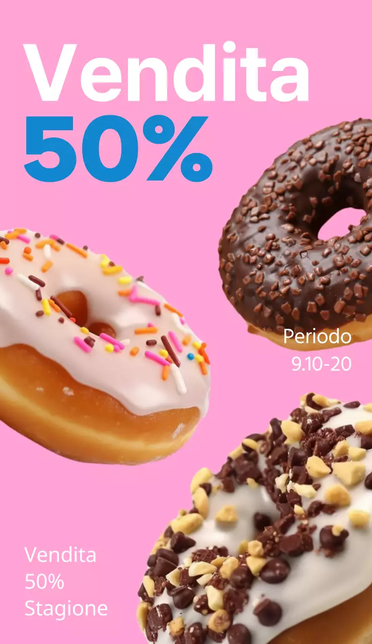 Un cartellone semplice e colorato con testo e foto su un evento di vendita di ciambelle.